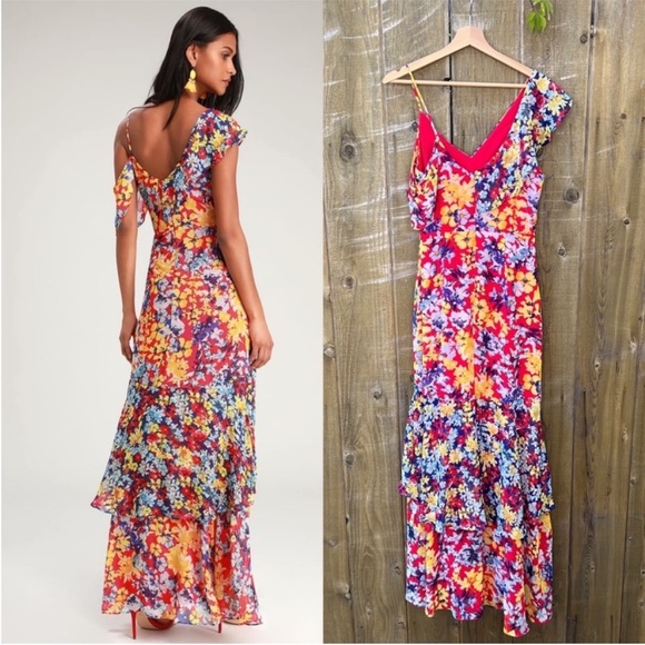 🌿 Red Radiant Ruby Floral Chiffon Asymmetric Dress 🌿 - Picture 3 of 14